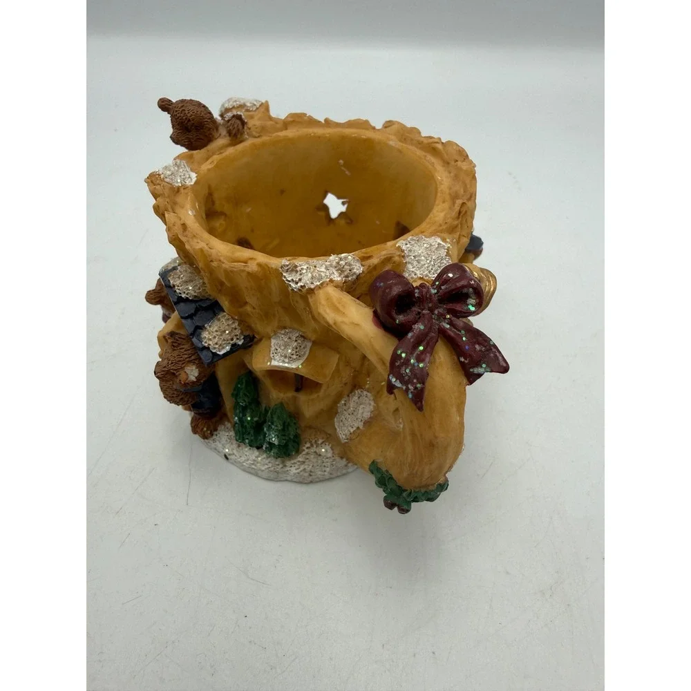 Vintage Christmas Teddy Bear Tree Stump Teapot Votive Candle Holder Resin Decor